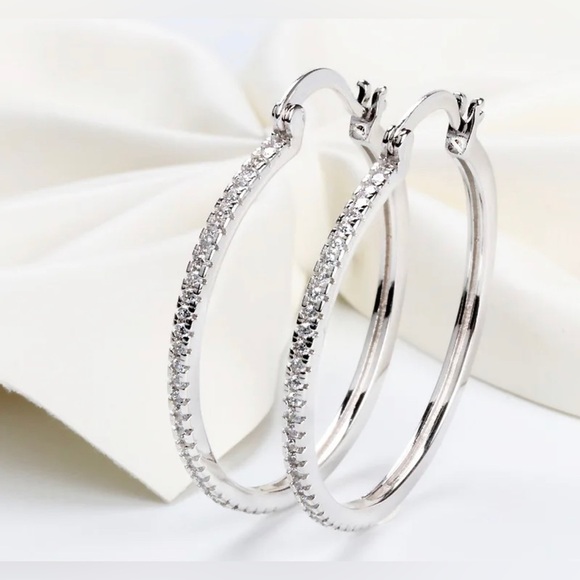 14k White Gold Plated Cubic Zirconia 30mm Hoop Earrings - Picture 5 of 7